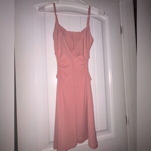 Pink midi dress from Shein with ruffles and a V-neck